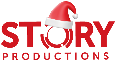 The logo for story productions has a santa hat on it.