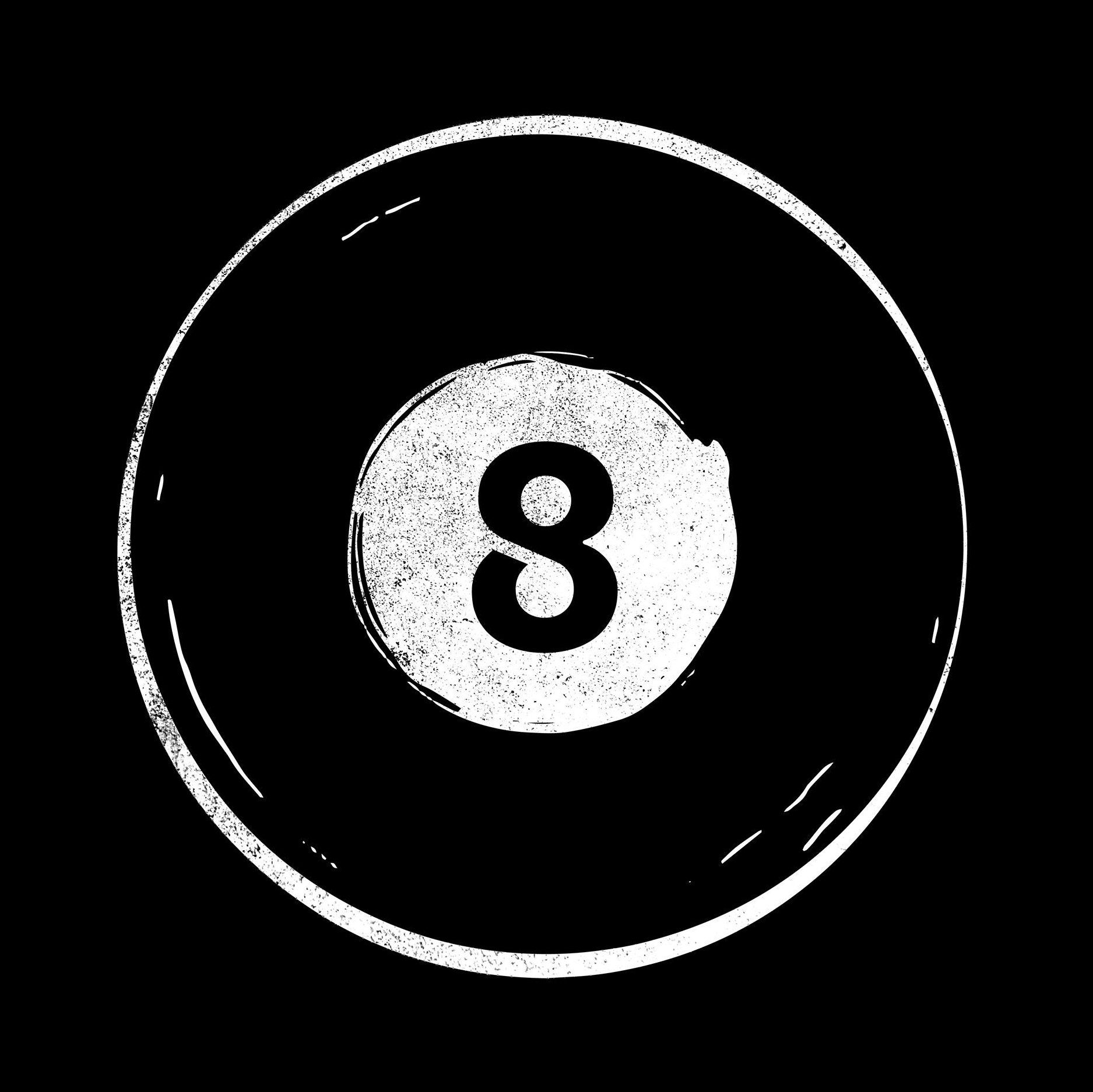 A black and white drawing of a pool ball with the number eight on it.