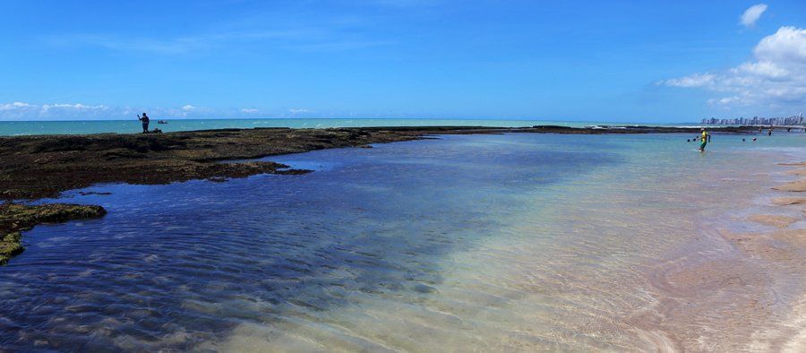 Boa Viagem Beach A man is standing on a rocky beach next to a body of water.