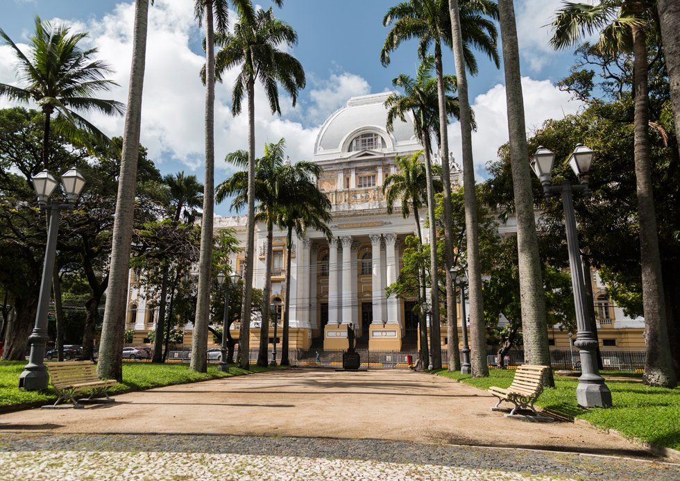 A large building is surrounded by palm trees in a park.