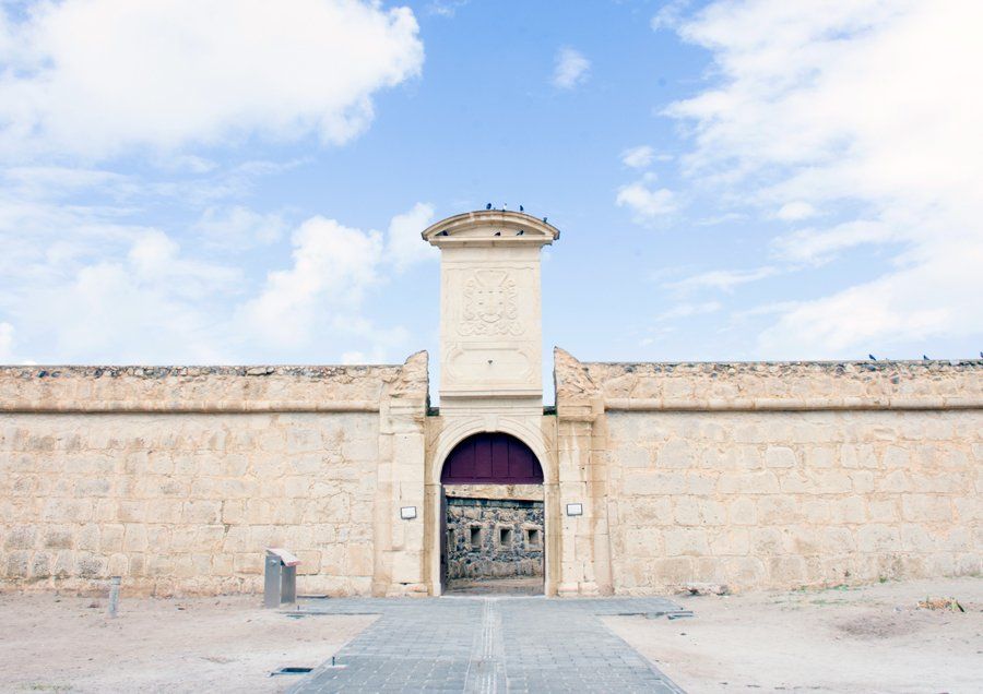 A large stone wall with a purple door and a blue sky in the background.