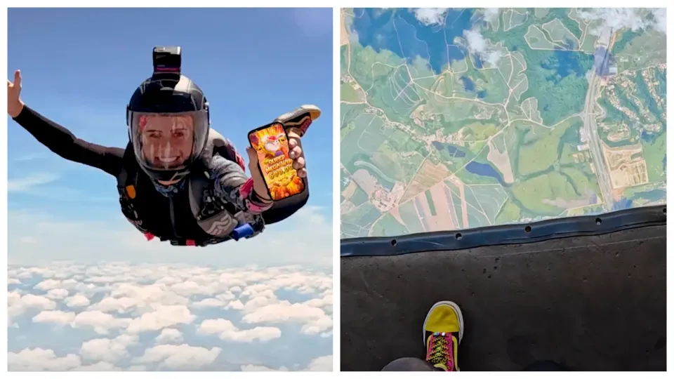 A person is flying through the air while holding a bag of chips.