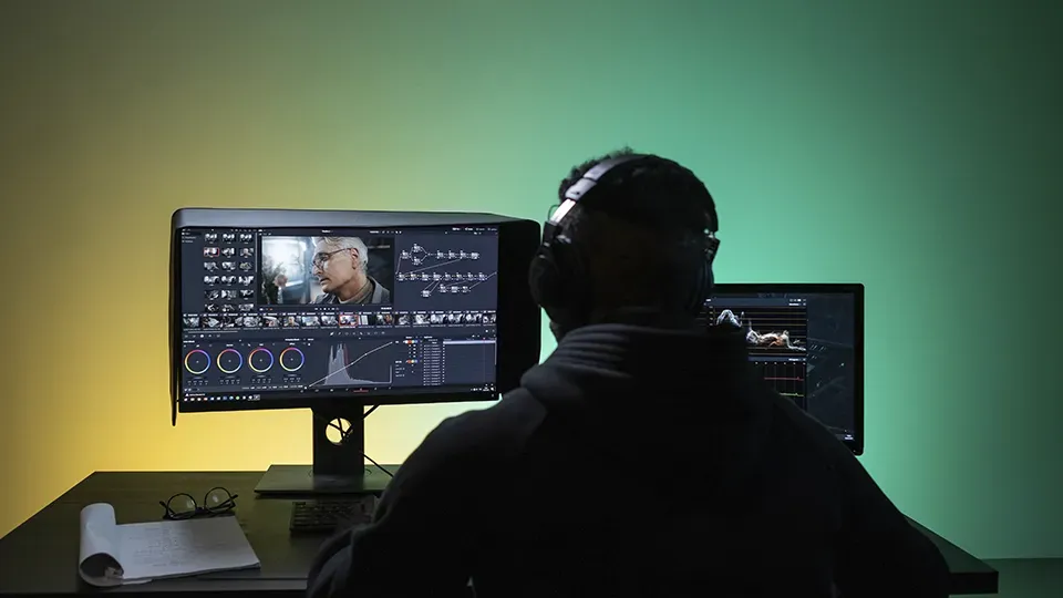 A man wearing headphones is sitting in front of two computer monitors.