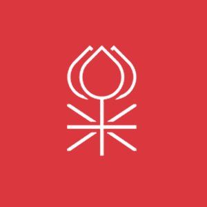 A white line drawing of a flower on a red background.