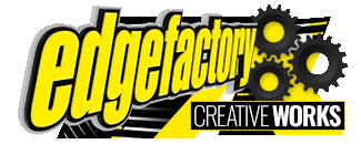 A yellow and black logo for edge factory creative works
