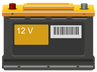 A car battery with a yellow label that says 12 v on it.