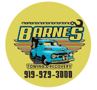 The logo for barnes towing and recovery has a blue car on it.