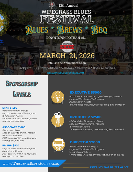 A flyer for the wiregrass blues festival shows the sponsorship levels.