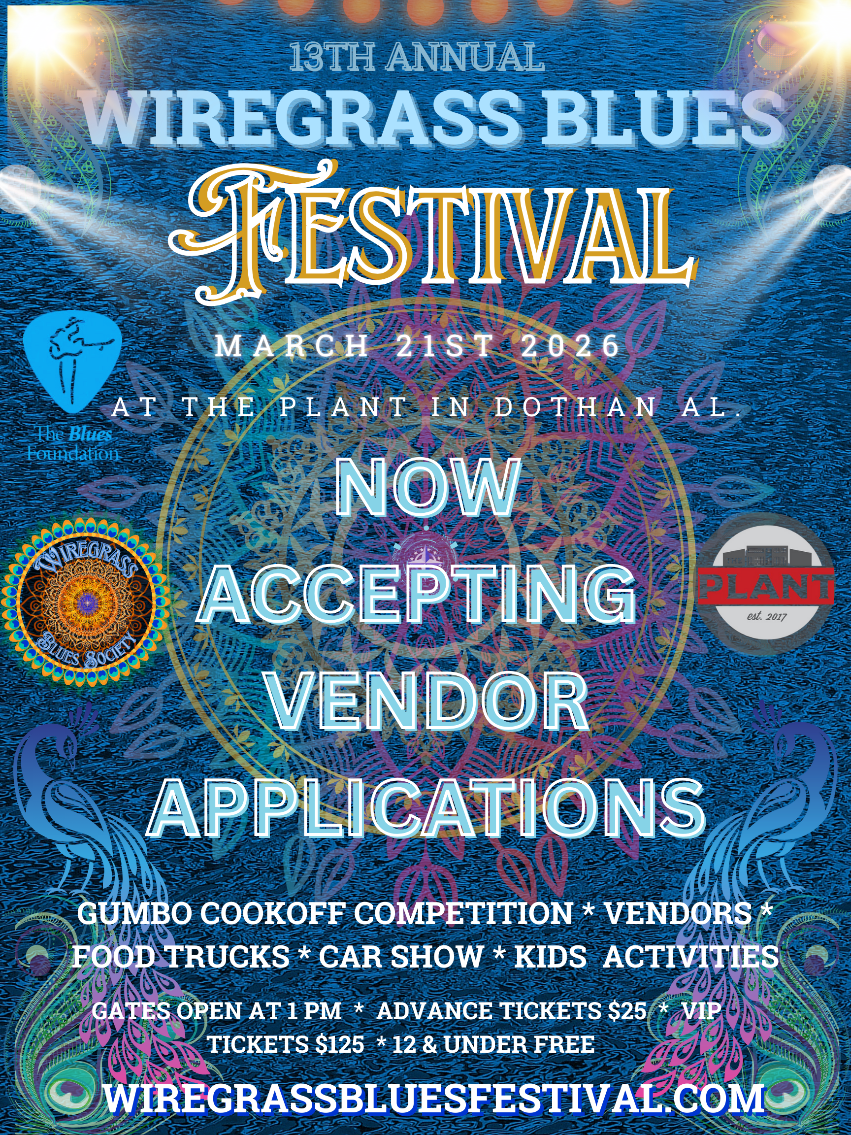 Poster for the 13th Annual Wiregrass Blues Festival, March 21st, 2026. Accepting vendor applications.
