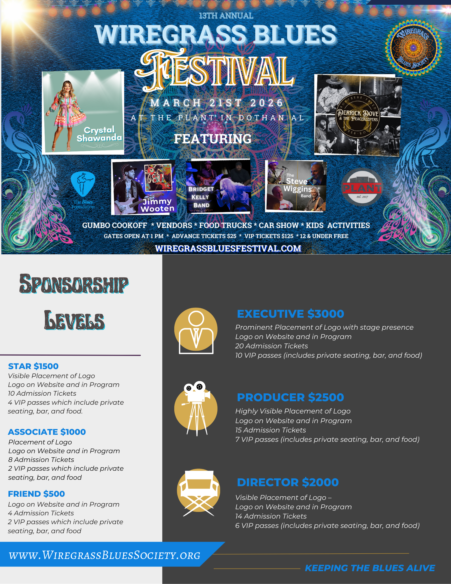 Poster for the Wiregrass Blues Festival, March 21st, 2026. Includes sponsors, performers, and levels.