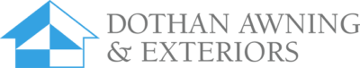 Logo for Dothan Awning & Exteriors featuring a blue and white geometric house design with text.