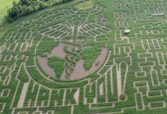 Thank You Frontline Workers aerial photo of the maze at the Great Vermont Corn Maze