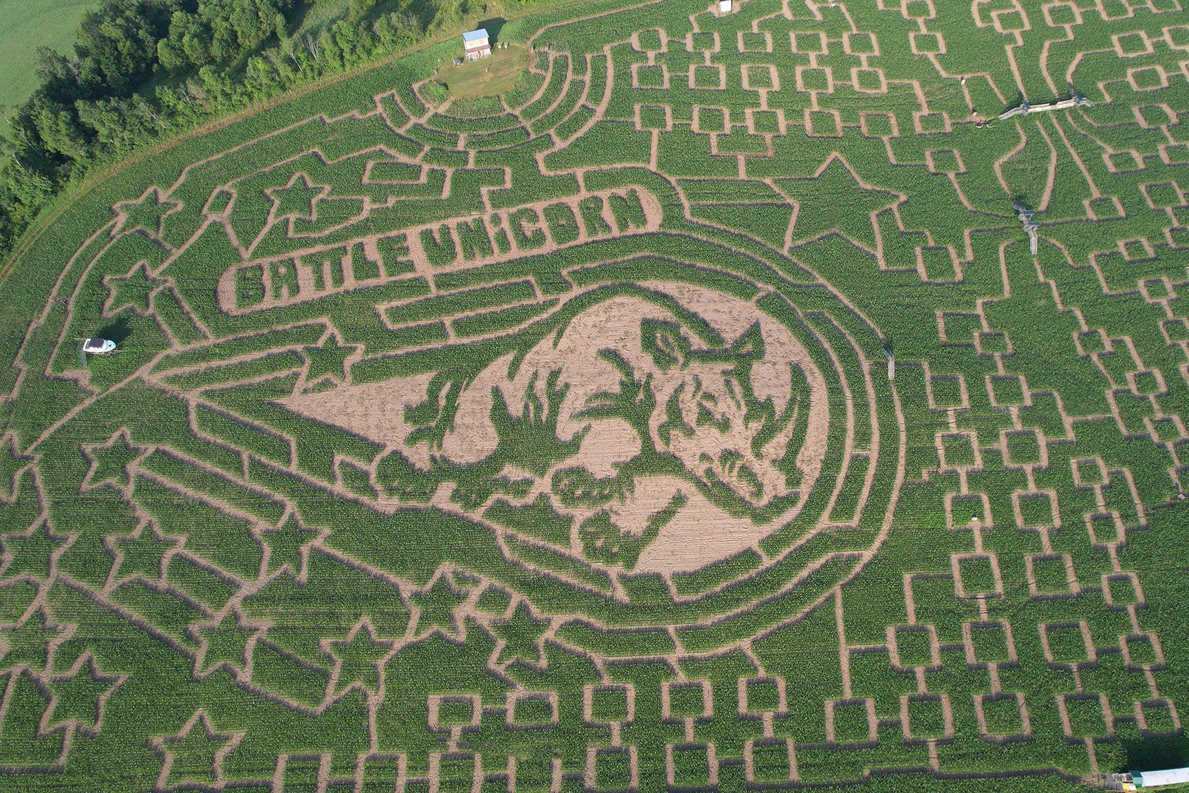 The 2025 Great Vermont Corn Maze aerial photo of the Battle Unicorn