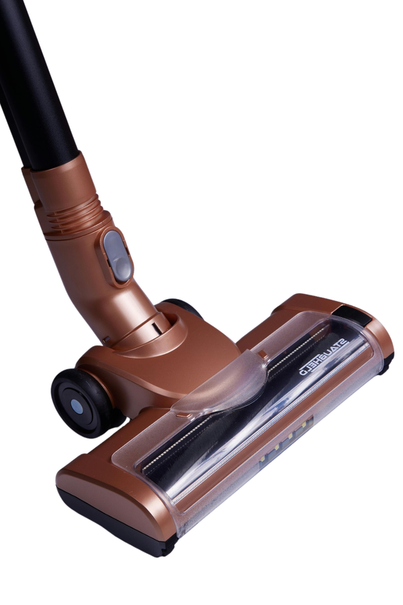 A close up of a vacuum cleaner on a white background.