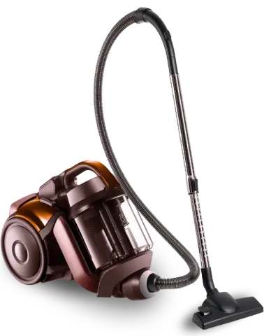 A brown vacuum cleaner with a hose attached to it