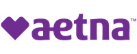 A purple logo for aetna with a heart in the middle