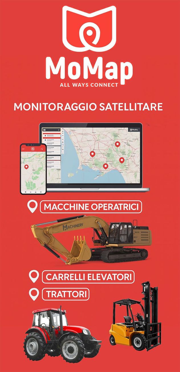 Grafica rossa con logo MoMap; monitoraggio satellitare, include un computer portatile, un telefono e icone per macchine movimento terra, carrelli elevatori e trattori.