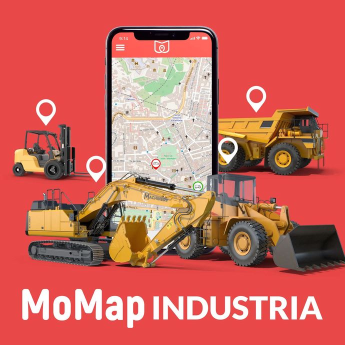 App per il monitoraggio delle attrezzature edili su smartphone. Sfondo rosso.