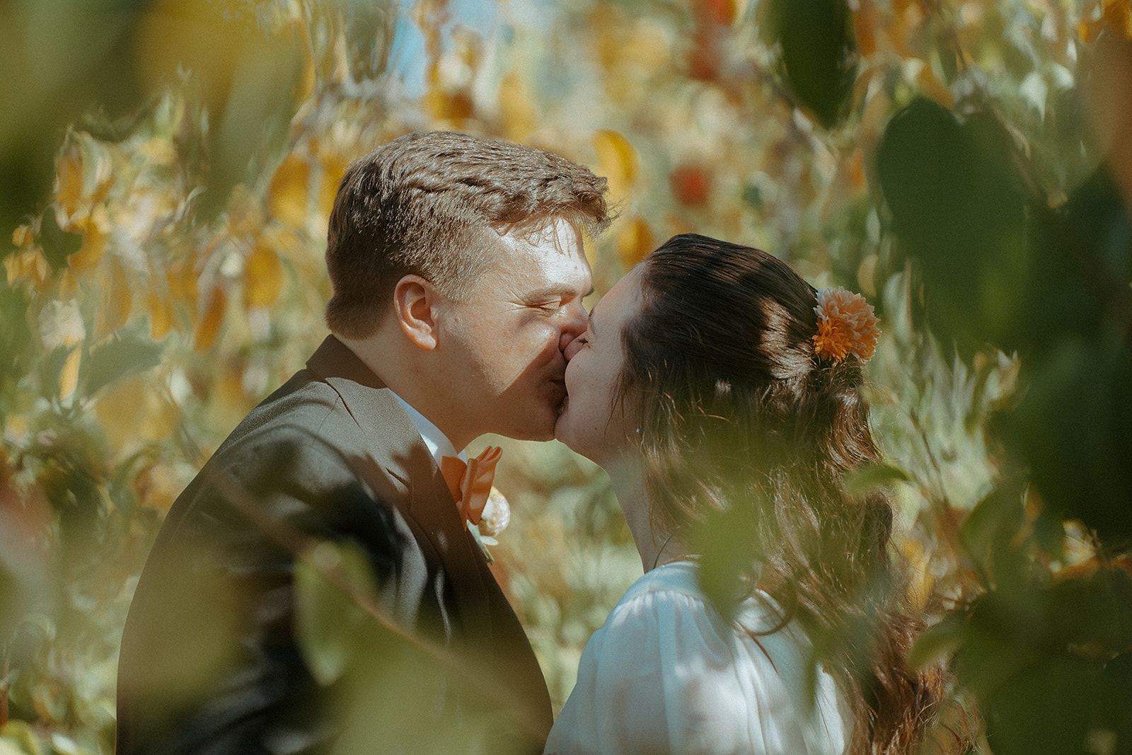 Couple kissing in an outdoor setting, framed by foliage; warm sunlight and soft focus.
