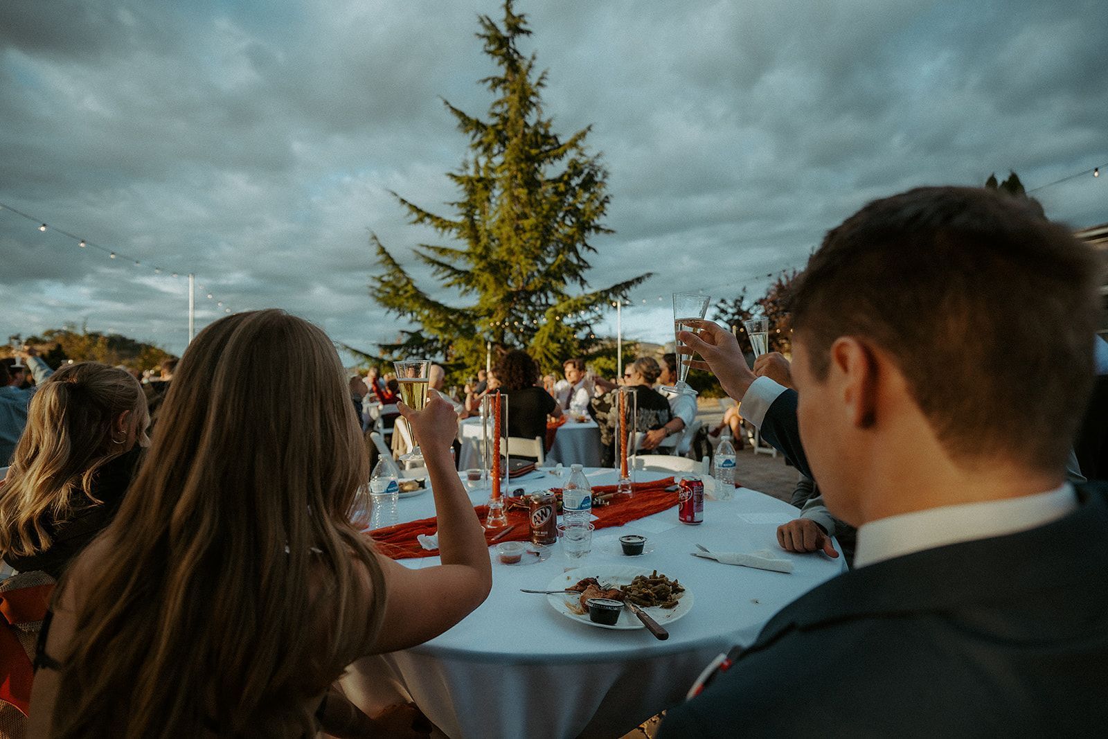 A group of people are sitting at a table with a tree in the background.