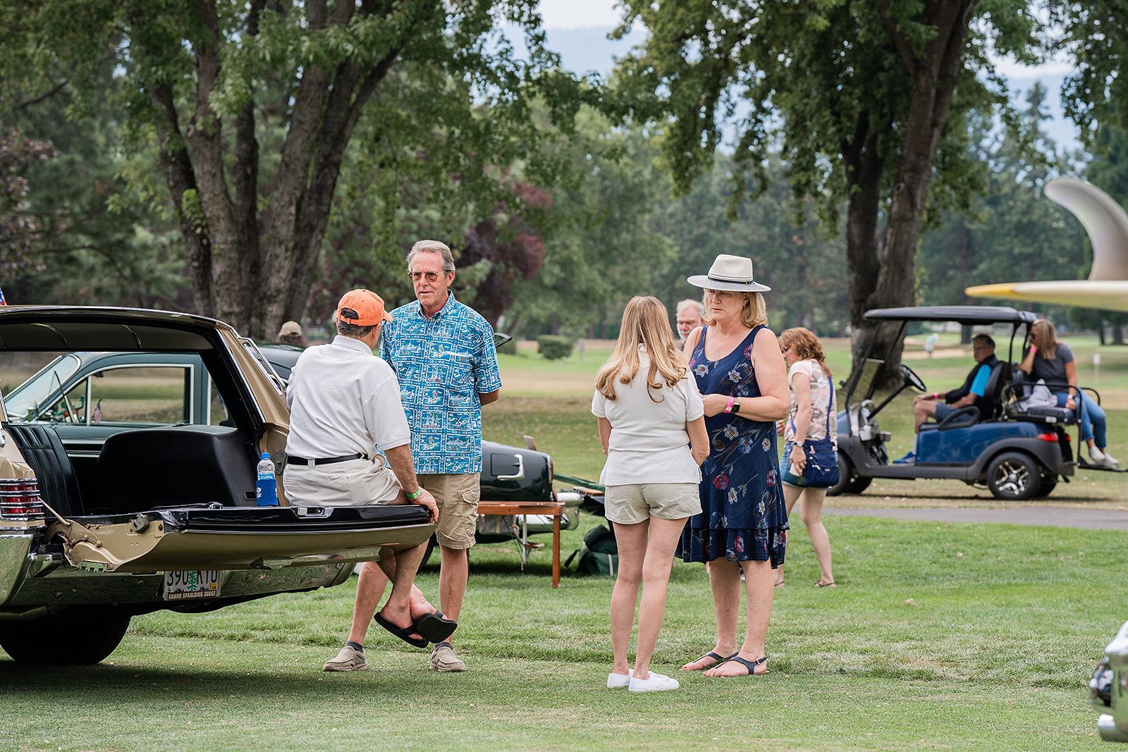A group of people are standing in front of a car in a park.