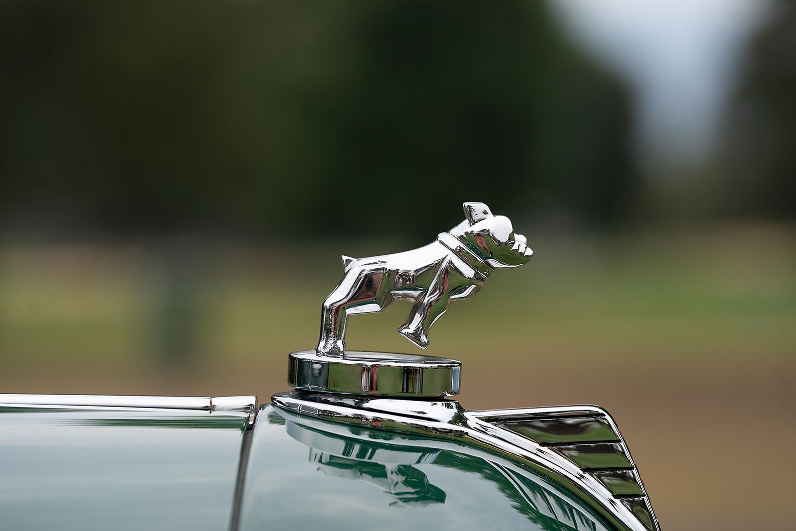 A car hood ornament with a dog on top of it.