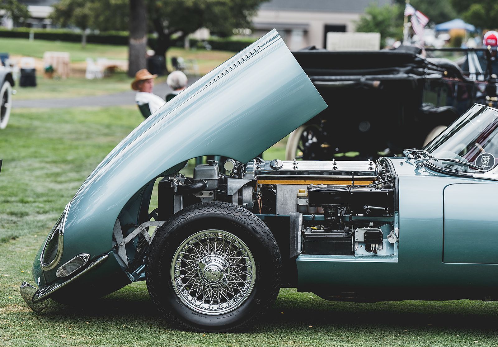 A blue car with the hood up is parked in a grassy field.