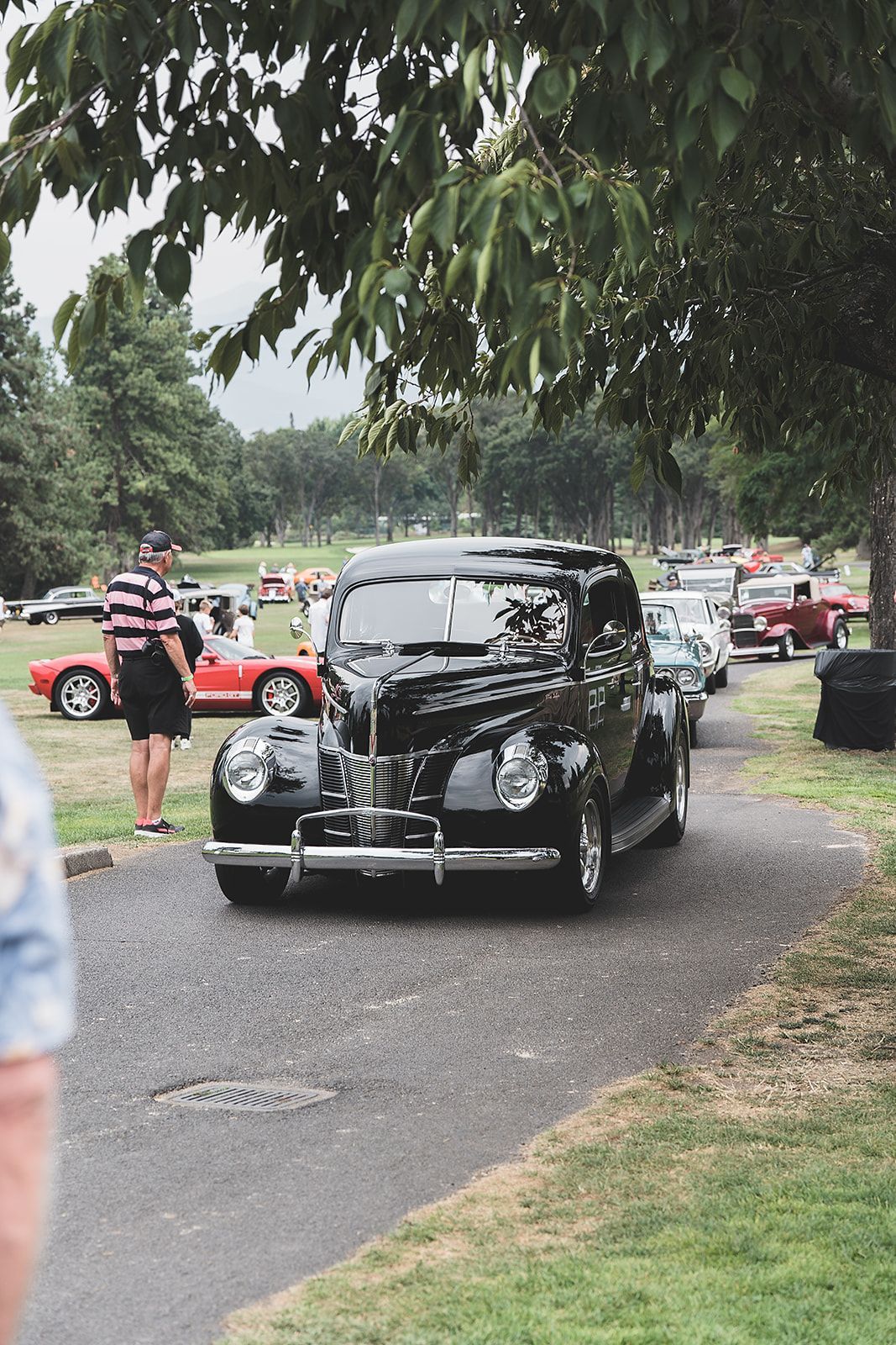 A black car is driving down a road in a park.