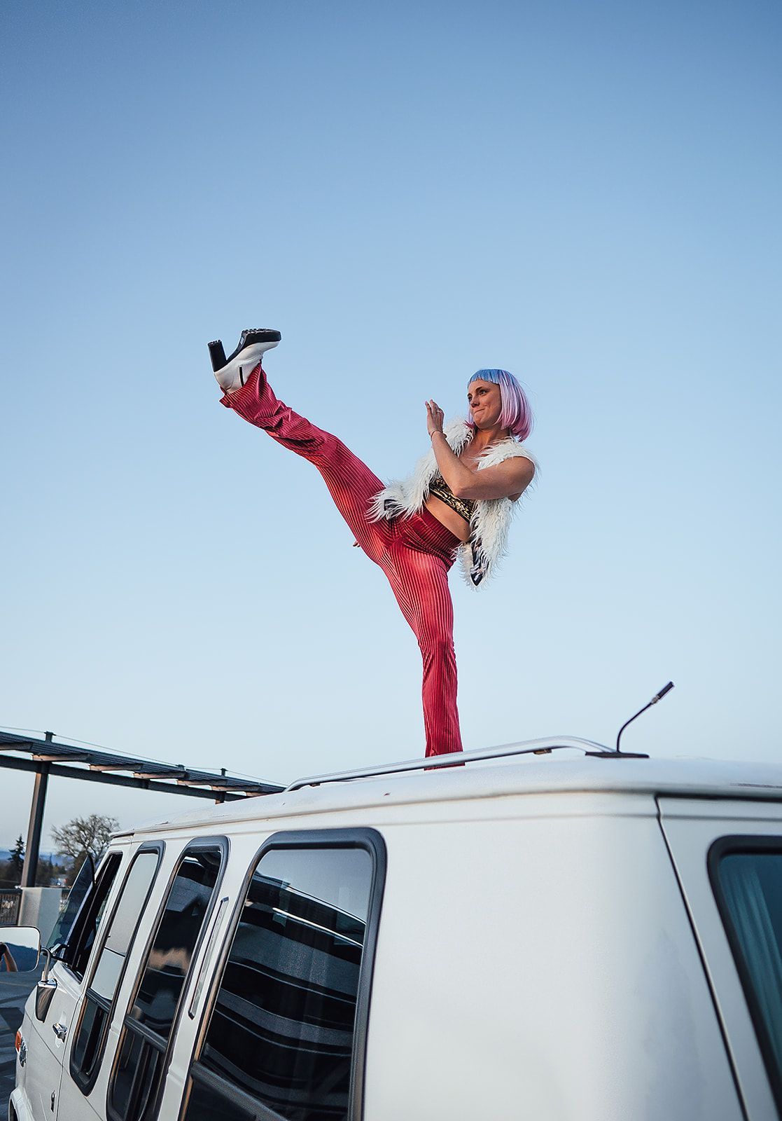 A woman with pink hair is standing on the roof of a white van.