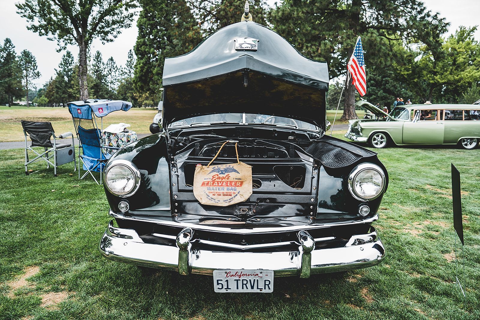 A black car with the hood up is parked in a grassy field.