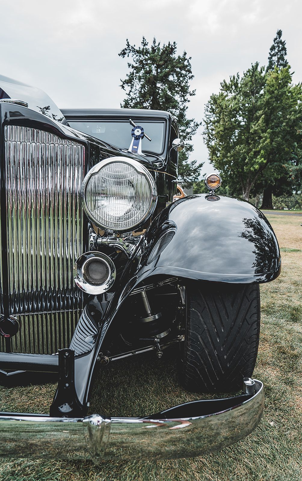 A black car is parked in a grassy field with trees in the background.