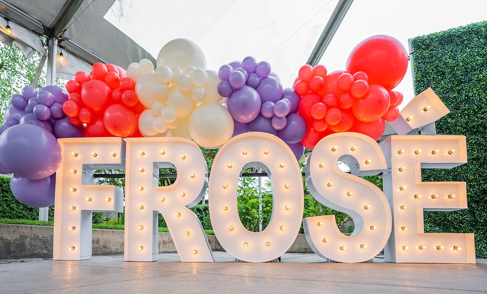 The word frose is surrounded by balloons and lights.