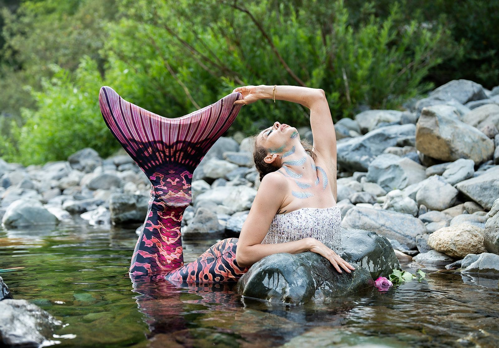 A woman in a mermaid costume is laying on a rock in a river.