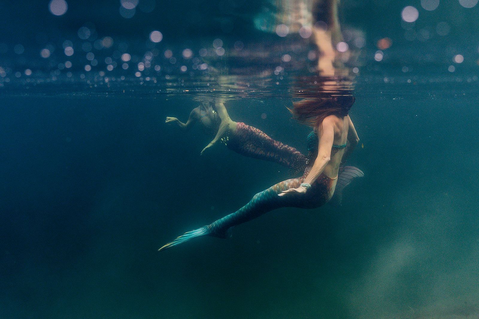 A woman in a mermaid costume is swimming underwater.
