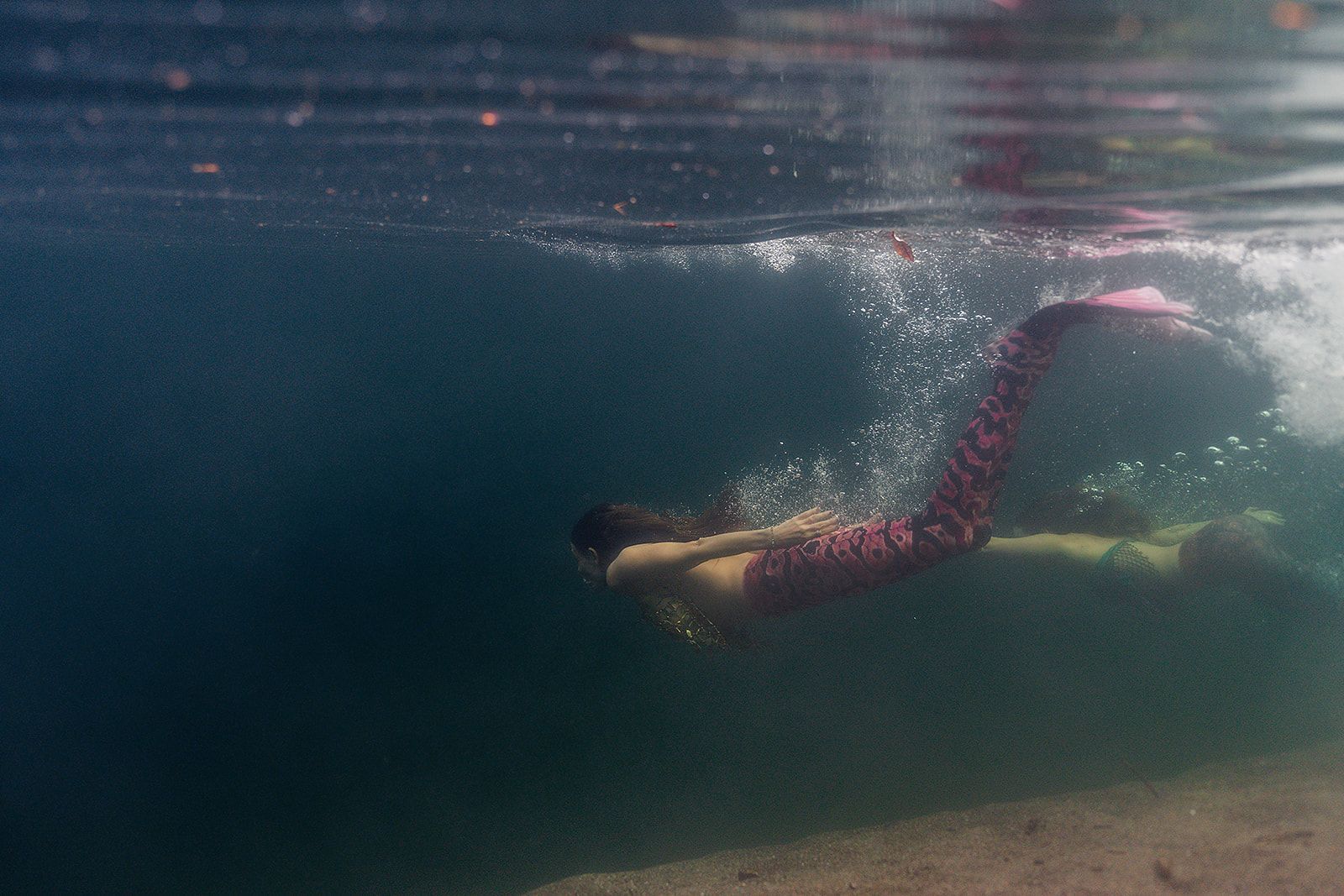 A mermaid is swimming underwater in the ocean.