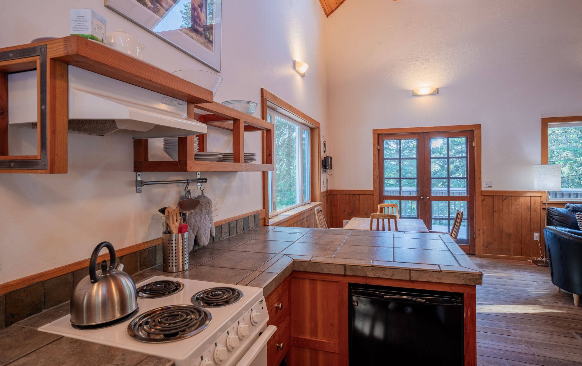 A kitchen with a stove and a dishwasher in a house.