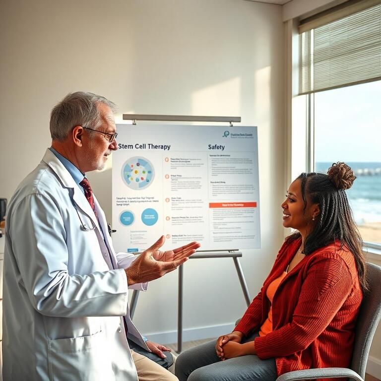Doctor explaining stem cell therapy to a patient; poster, ocean view, professional setting.