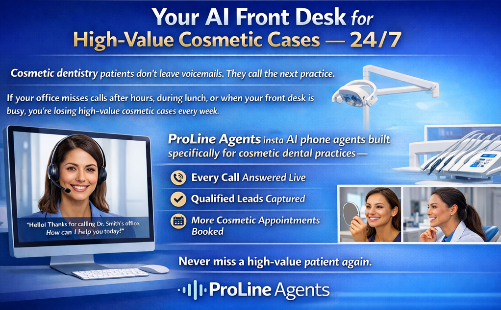 Flyer for ProLine Agent an AI front desk for cosmetic dentistry. A woman on a computer screen smiles, with dental equipment in the background.