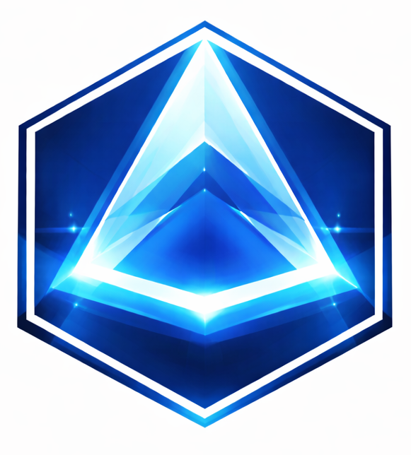 Blue abstract triangular logo within a hexagon frame, with white highlights.