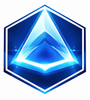 Blue geometric shape within a hexagon, with a glowing central triangle and white highlights.