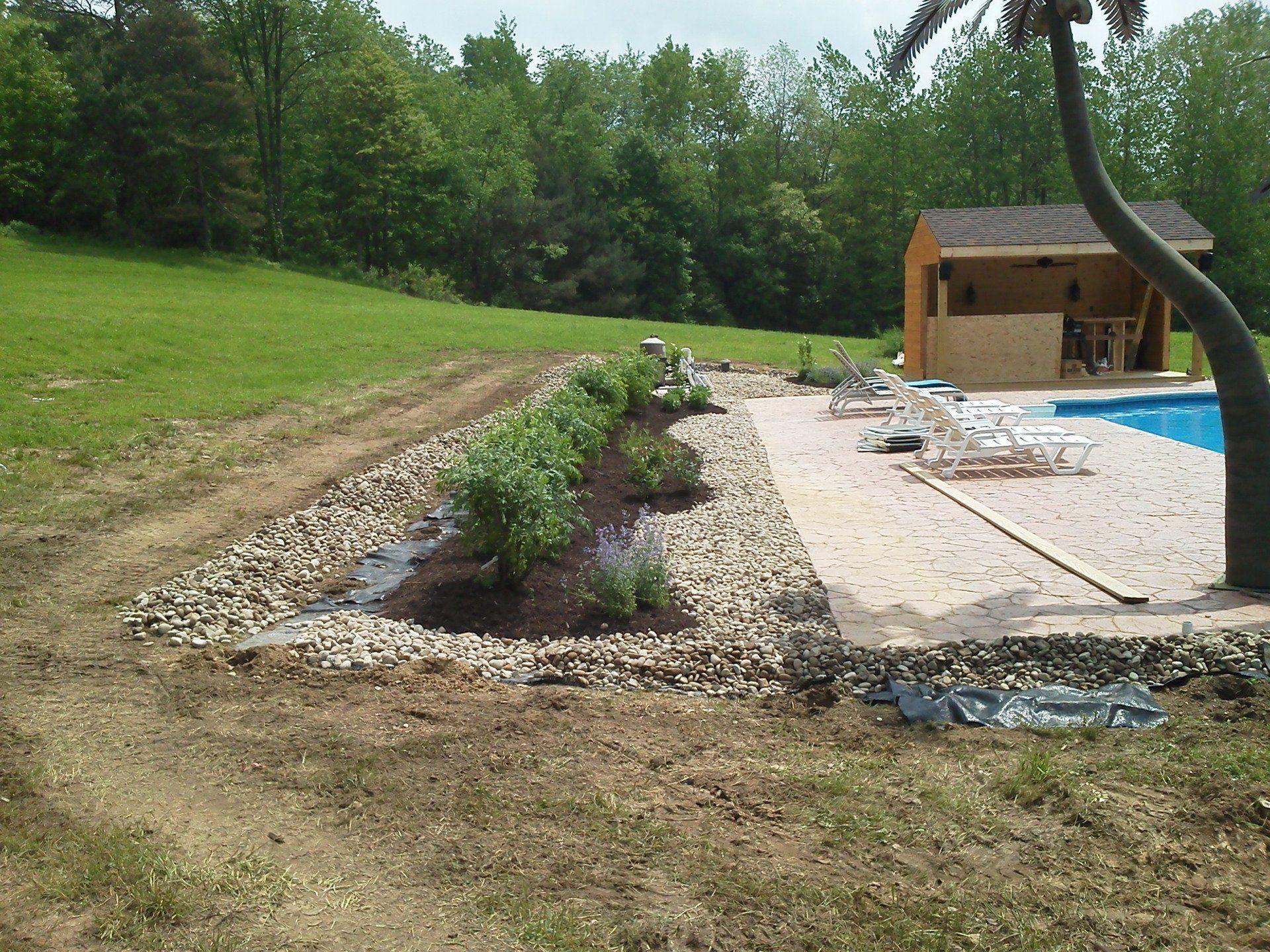 A swimming pool in the middle of a grassy field