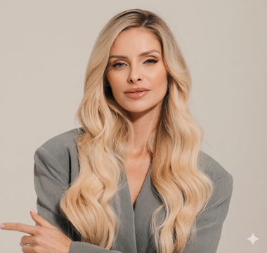 Une personne blonde aux cheveux ondulés porte un blazer gris sur un fond clair uni et regarde directement l'objectif.