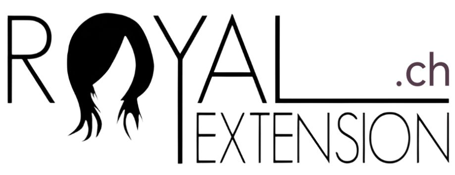 Logo de Royal Extension en caractères noirs, présentant une silhouette de cheveux remplaçant la lettre « O » et le suffixe « .ch ».