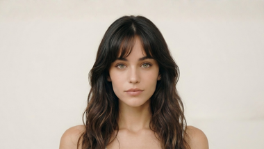 Une personne aux cheveux foncés et ondulés avec une frange, regardant droit devant elle avec une expression neutre sur un fond blanc cassé uni.