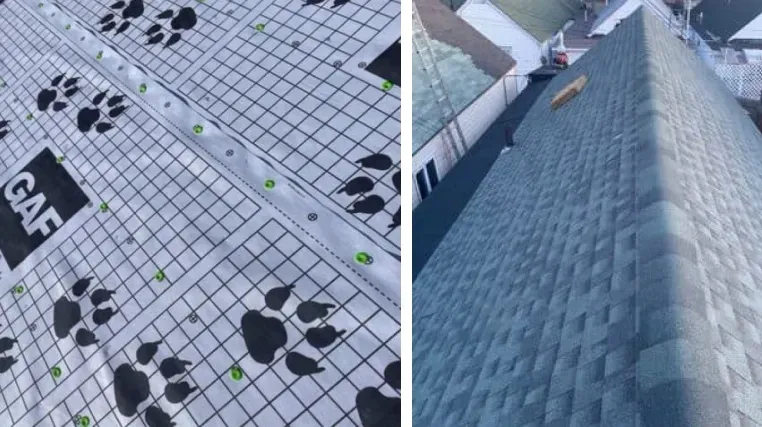 A split image showing a GAF roof underlayment with paw print patterns on the left and finished asphalt shingles on the right.