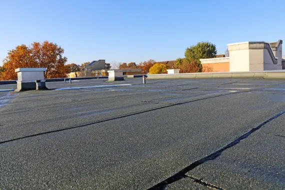A flat, dark gray commercial roof surface under a clear blue sky, featuring several small vents and distant trees.