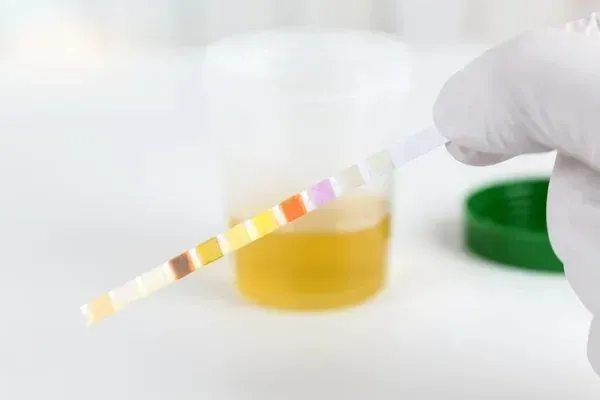 A person is holding a test strip in front of a cup of urine.