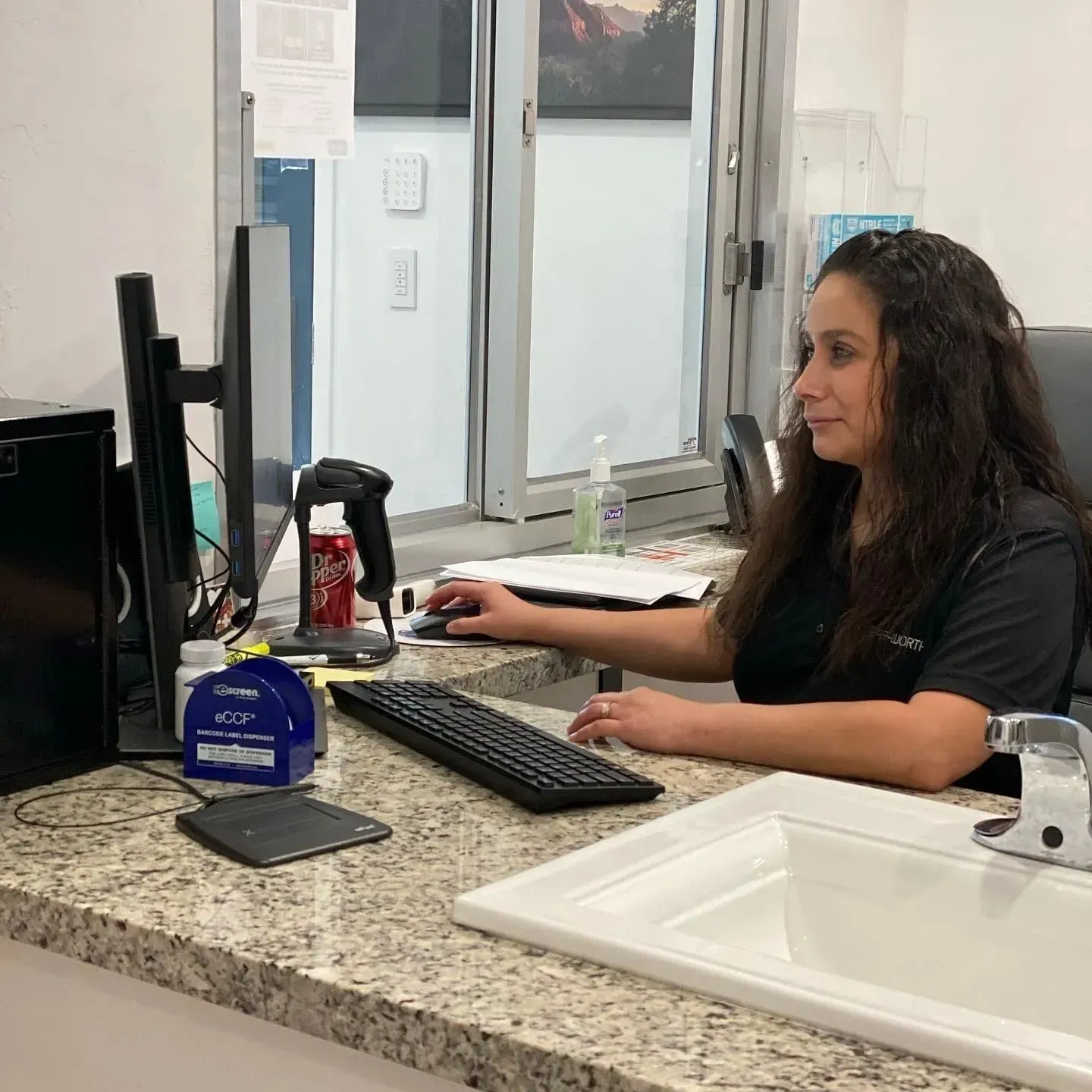 A woman is sitting at a desk in front of a computer.