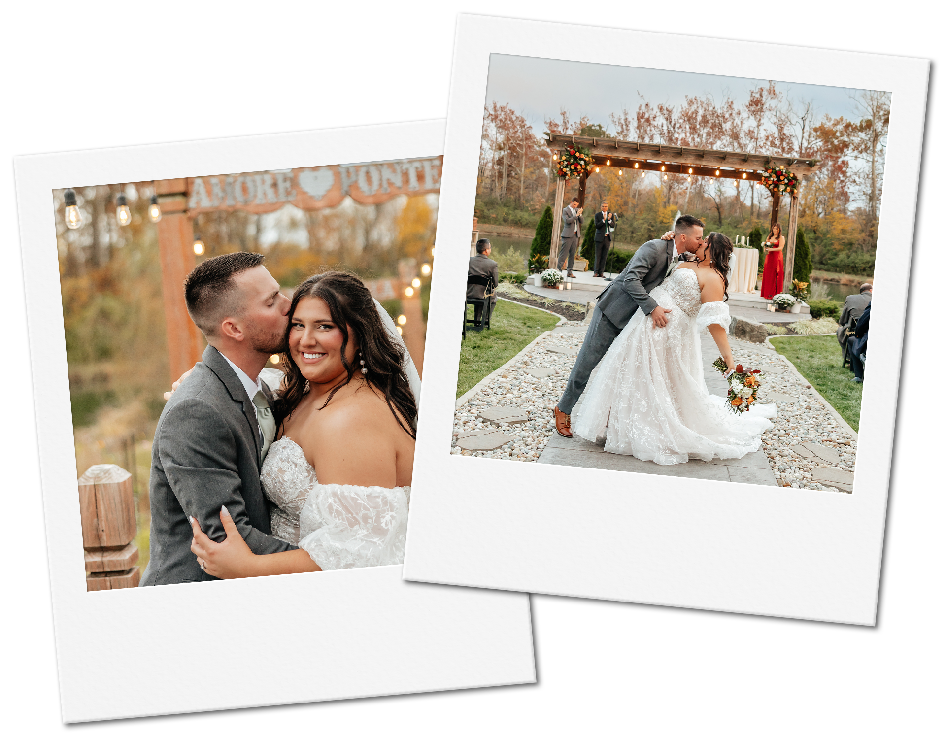 Two wedding photos: couple kissing, outdoor ceremony with wooden arch and lights.