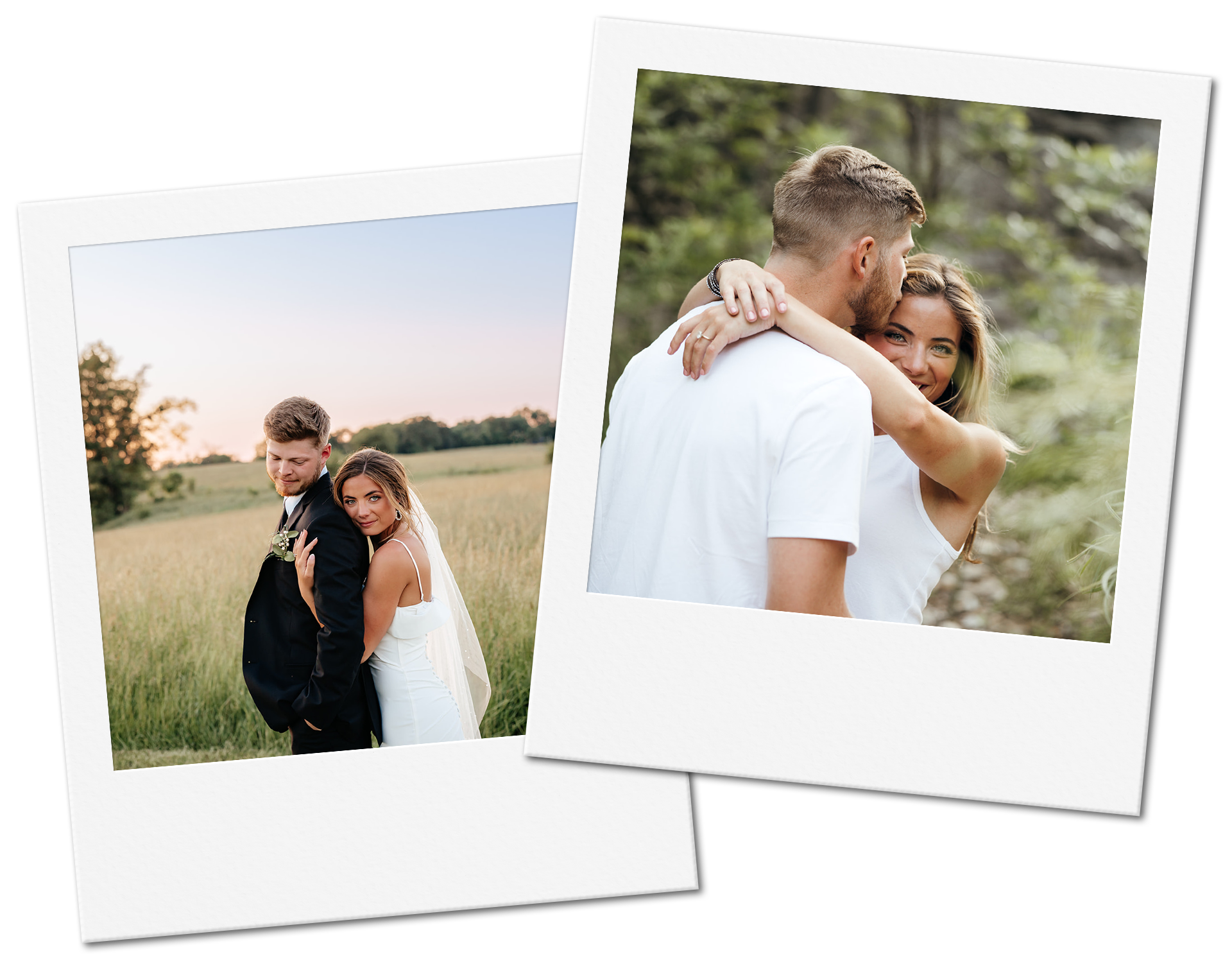 Two polaroid photos of a couple embracing. One outdoors in a field, the other close-up, outdoors.